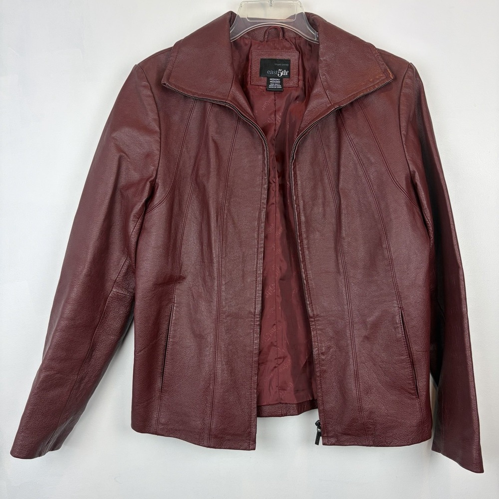 East 5th Burgundy Red Leather Jacket Womens Medium Full Zip Casual Classic